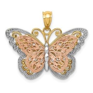 14k Two-tone Genuine Gold White Rhodium Cut-out Butterfly Necklace Pendant